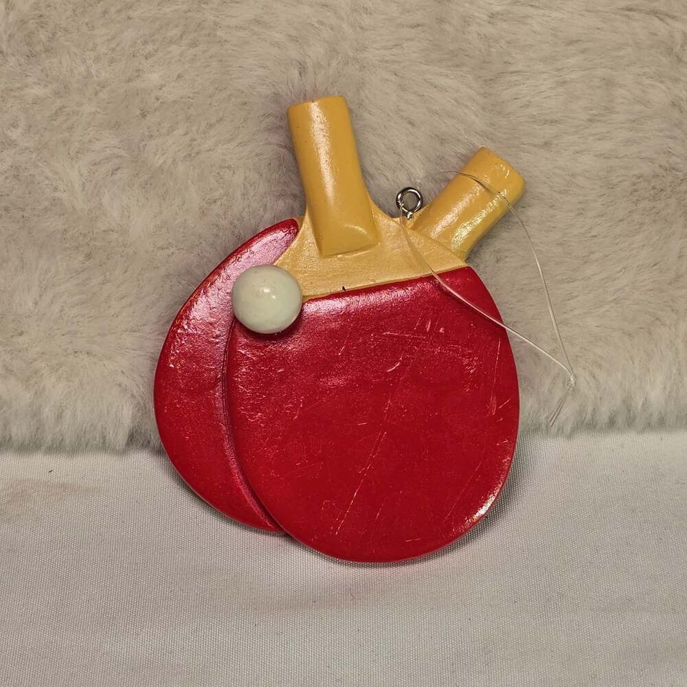 Vintage Table Tennis Paddle Ornament – Red & Yellow with Ball – Sports Xmas Tree